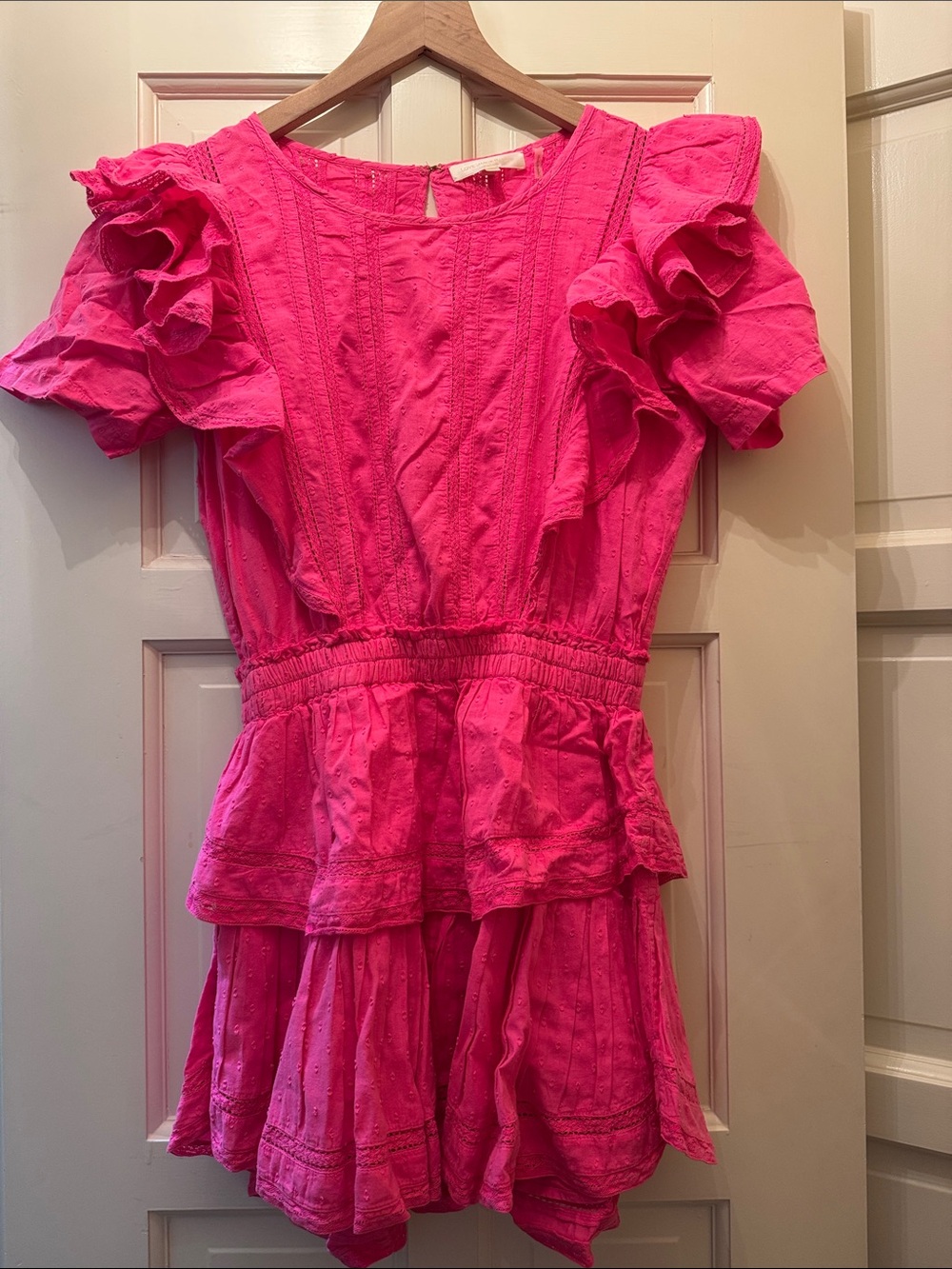 LoveShackFancy Bright Pink Ruffled Tiered Mini Dress